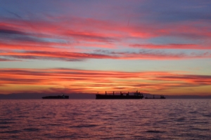 sunset, ships, sea