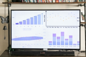 A screen displays various data charts and graphs in a modern interior setting, ideal for business presentations.