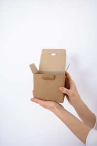 Close-up of hands holding an open cardboard box for packaging or shipping.