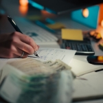 Hand writing in notebook with calculator and cash.